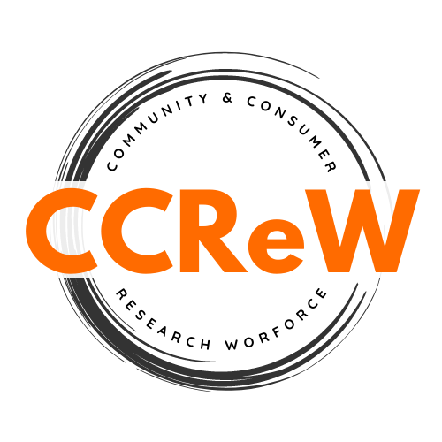 Logo to represent CCREW - The word CCReW in large orange found, surrounded by a black circle and the words Community & Consumer Research Workforce
