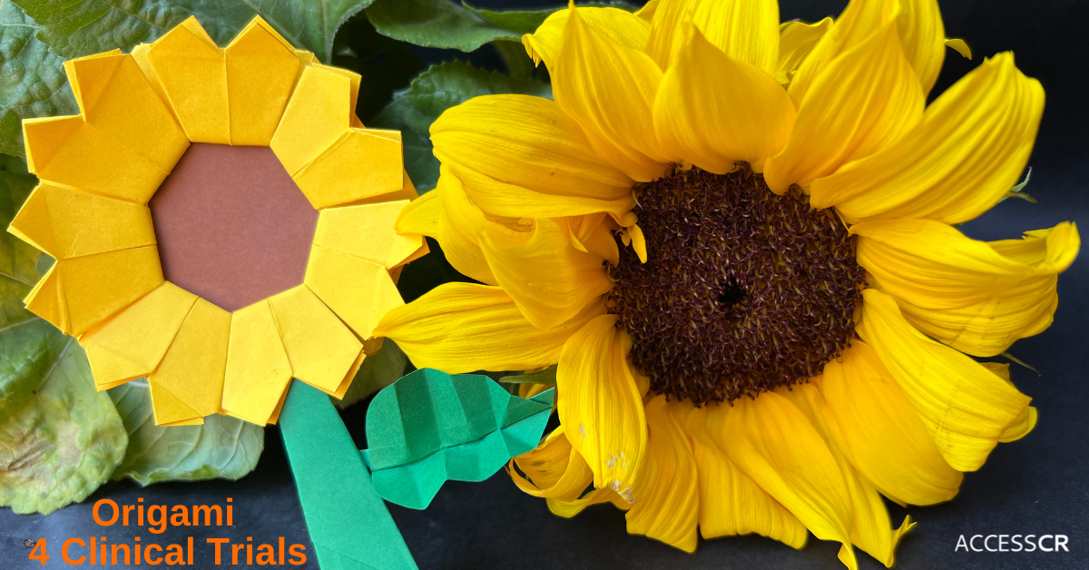 An origami sunflower beside a real sunflower on a black background.